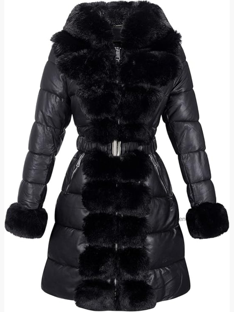 Faux Leather Puffer Jacket With Removable Belt, Fur Trim Hooded Coat